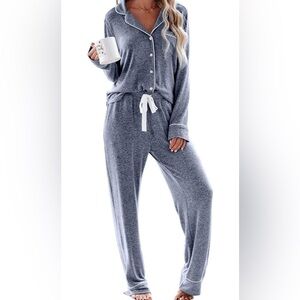 Aamikast Women's Blue Long Sleeve Button Pajama Set Soft Elastic & Tie Waist M